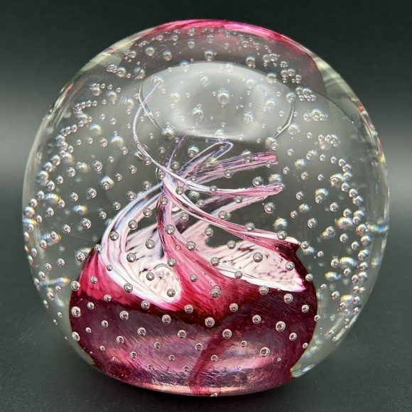 Caithness Other - Caithness Cauldron Scotland Pink Ribbon Swirl Glass Paperweight P63758 1982